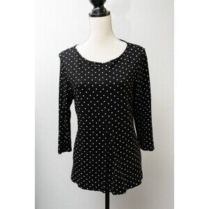 J Jill Top Medium Black Polka dot 3/4 Sleeve pleated Front Blouse Shirt tunic M